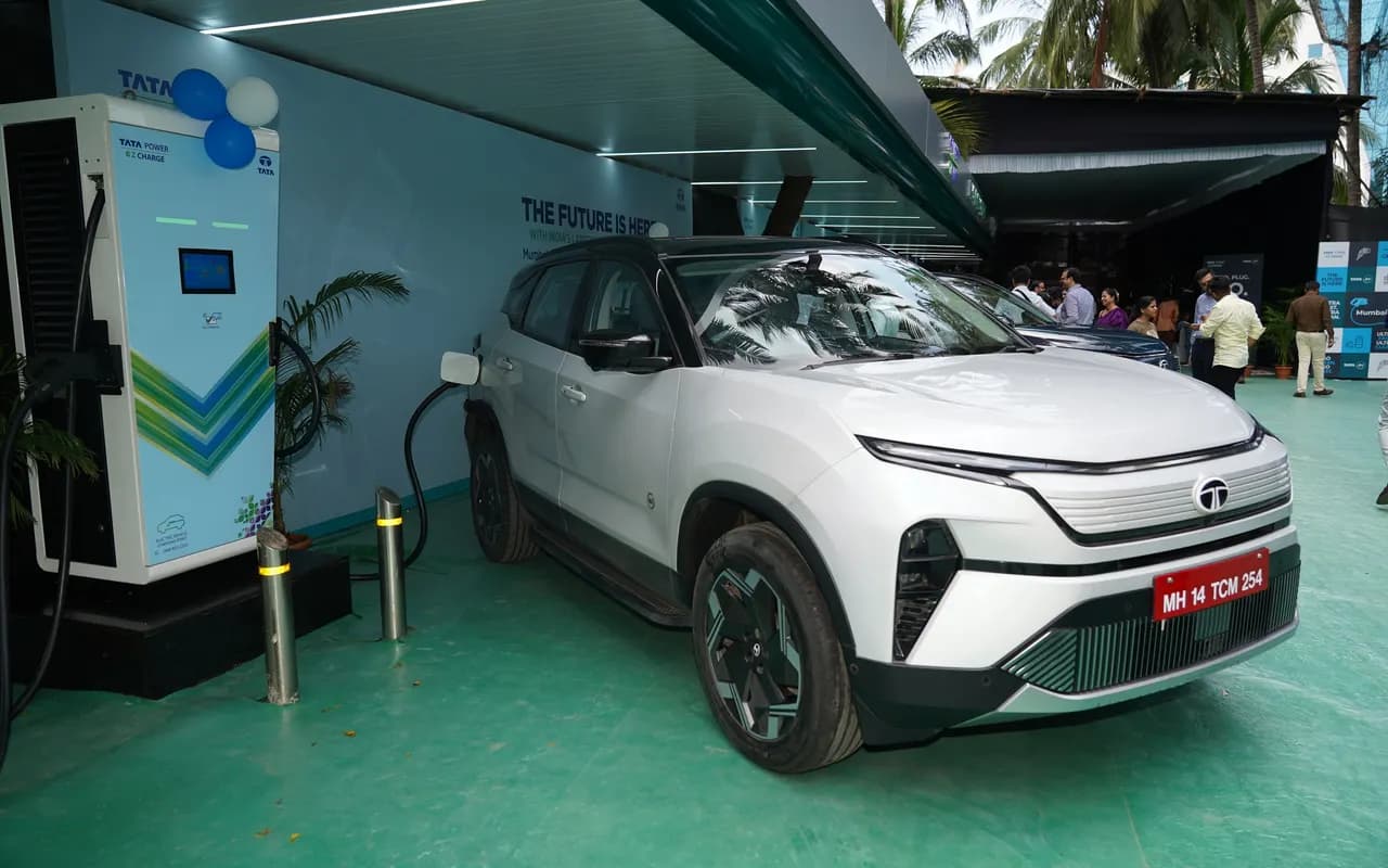 A Tata Harrier.ev on charge at the TATA.ev MegaCharger hub in Mumbai